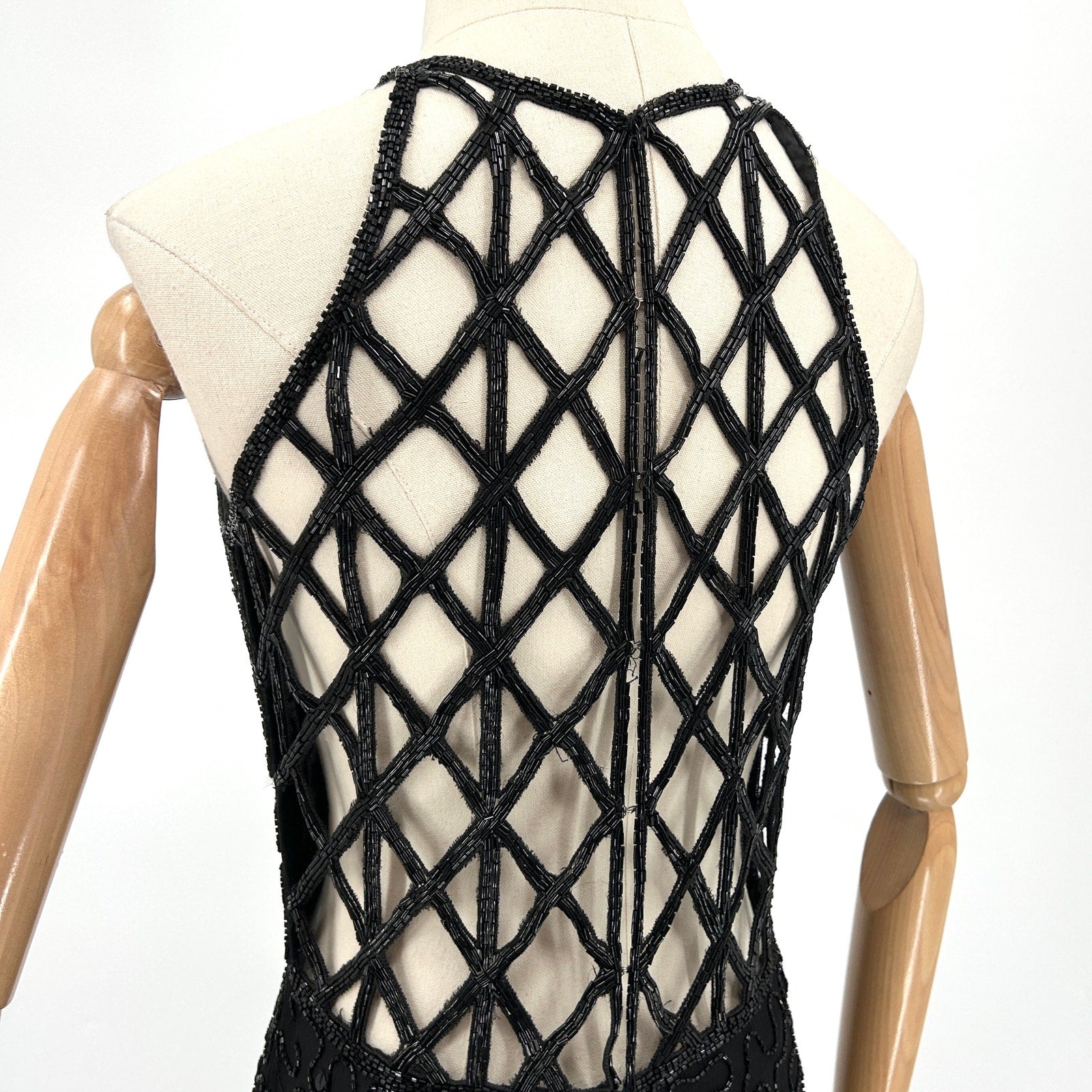 Vintage 90s Scala Black 100% Pure Silk Beaded Lattice Back Gown