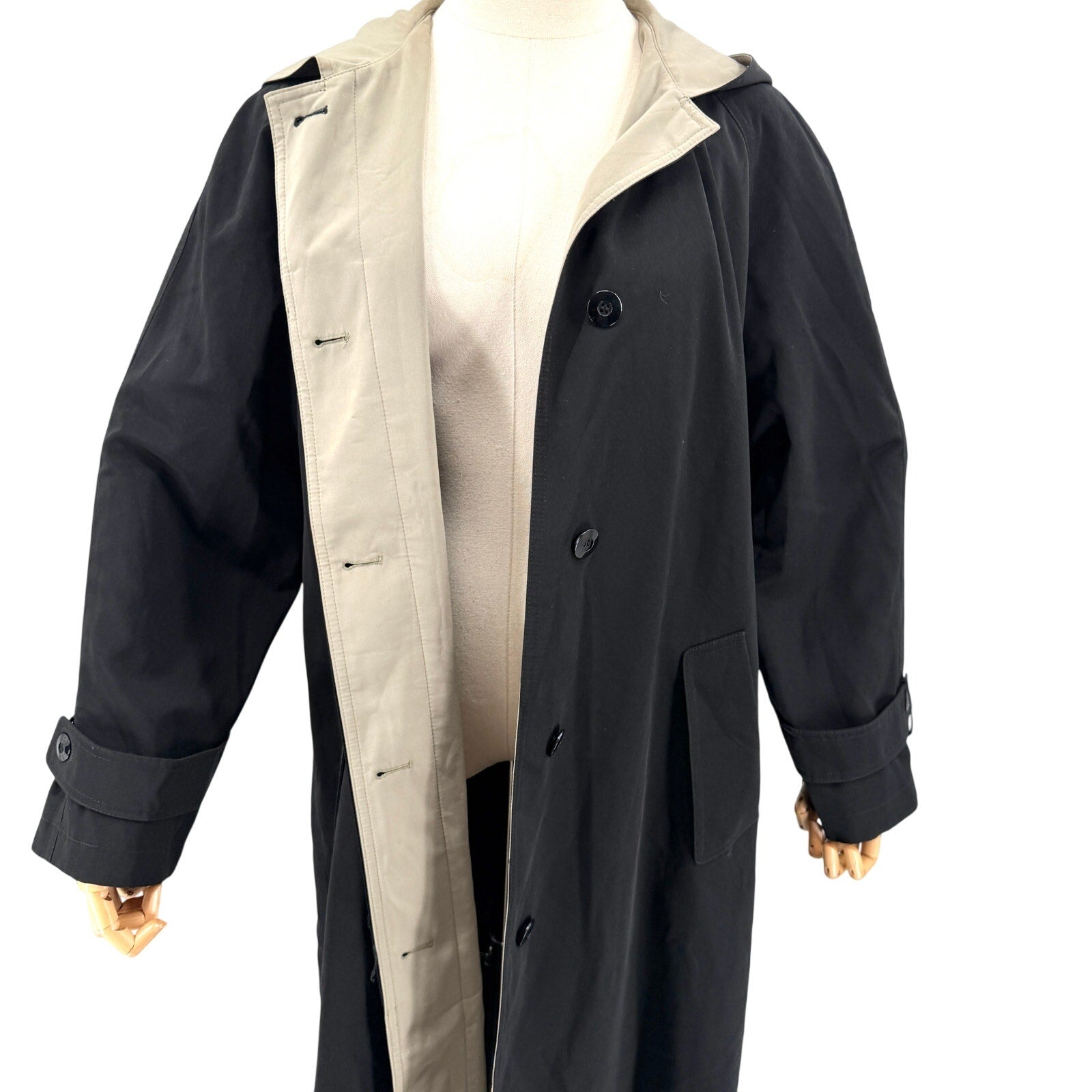 Vintage 90s Gallery Black Minimalist Hooded Duster Raincoat Trench Jacket