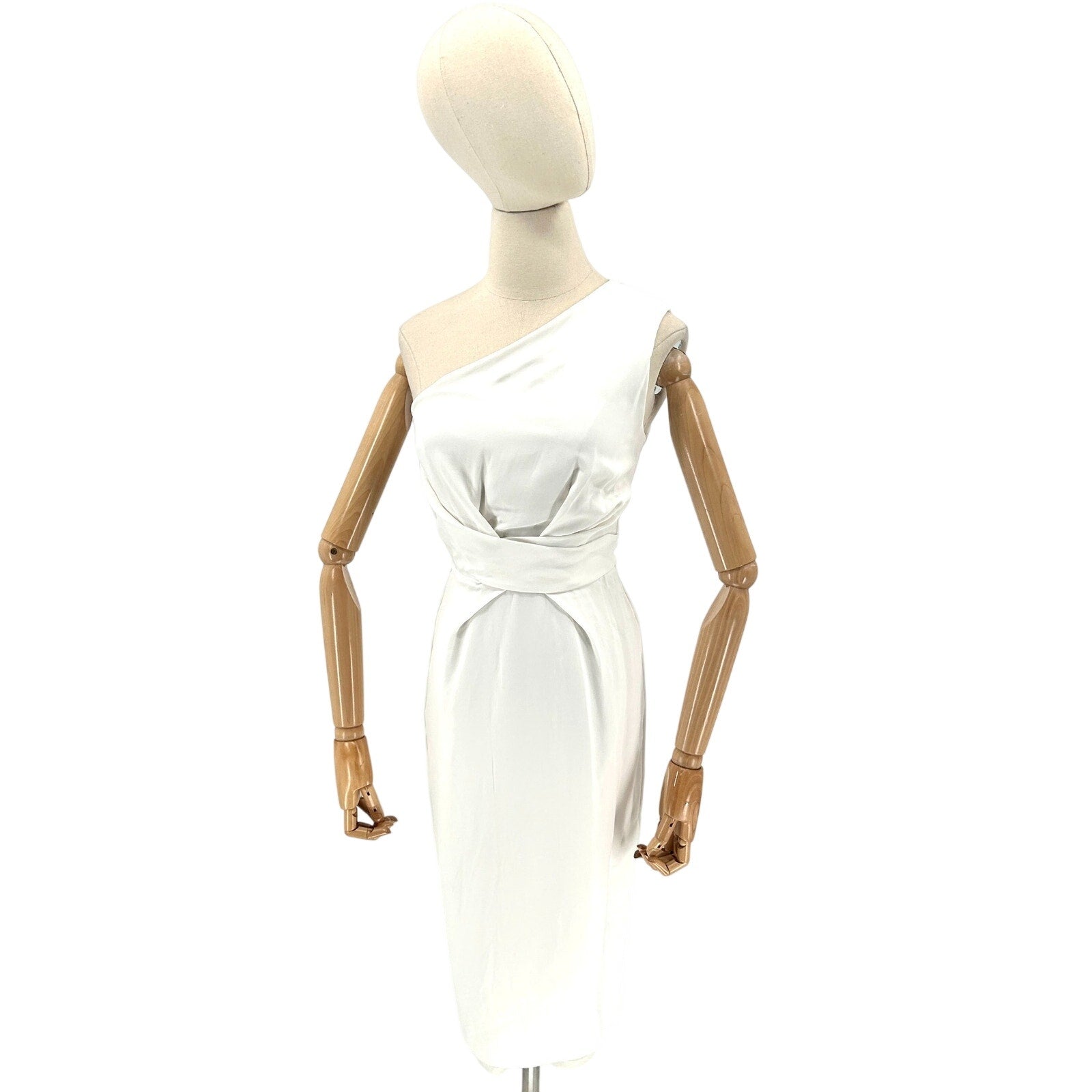 Reiss White Asymmetrical One-Shoulder Twist Waist Cocktail Midi Dress