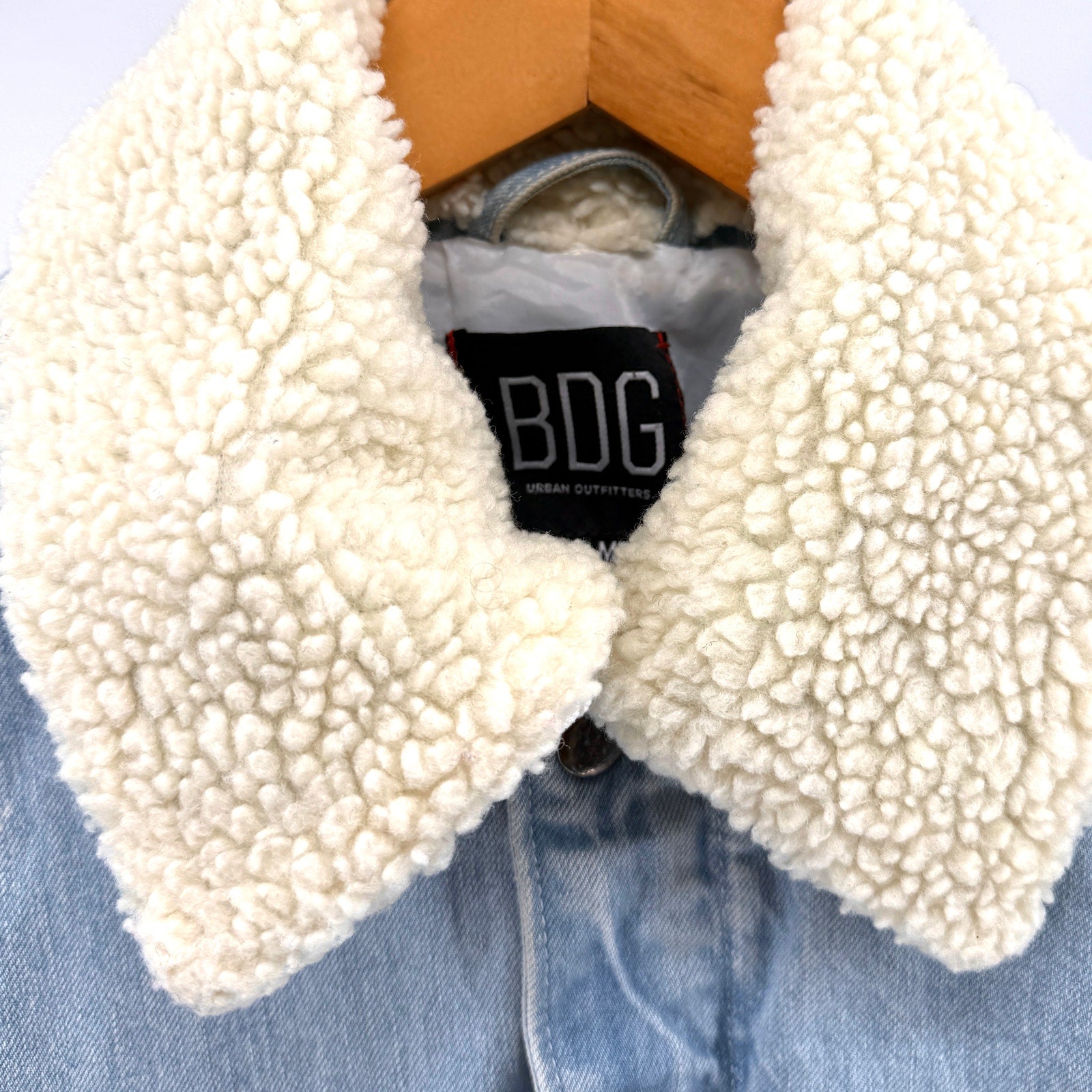 BDG Urban Outfitters Light Wash Denim Faux Sherpa Collar Bomber Jacket