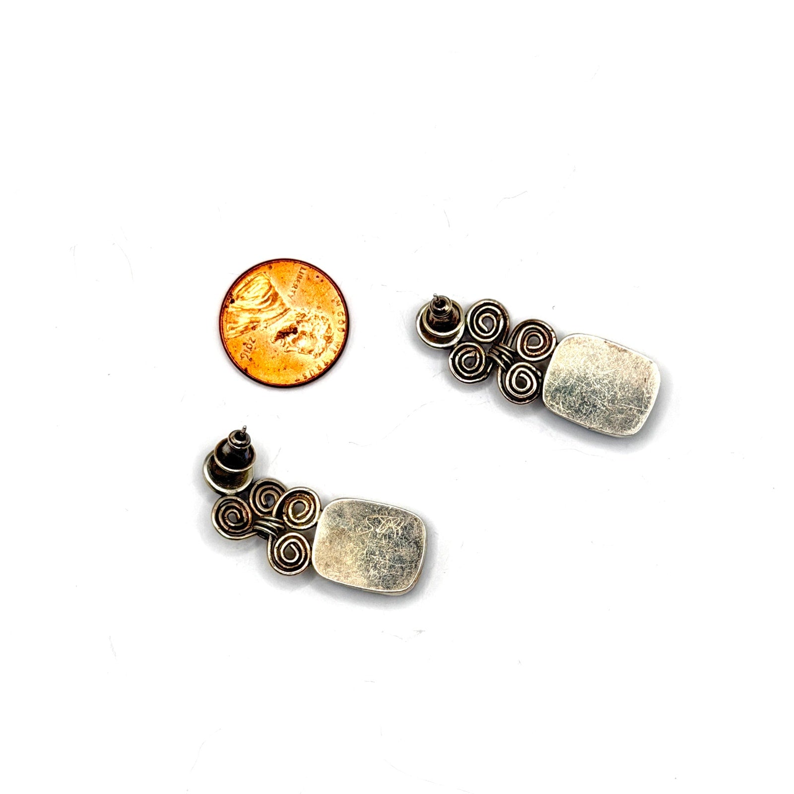 Vintage 90s Sterling Silver Amethyst Druzy Scroll Drop Earrings