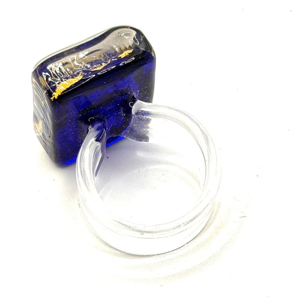 Vintage 90s Handblown Cobalt Blue Gold Foil Abstract Glass Modernist Ring