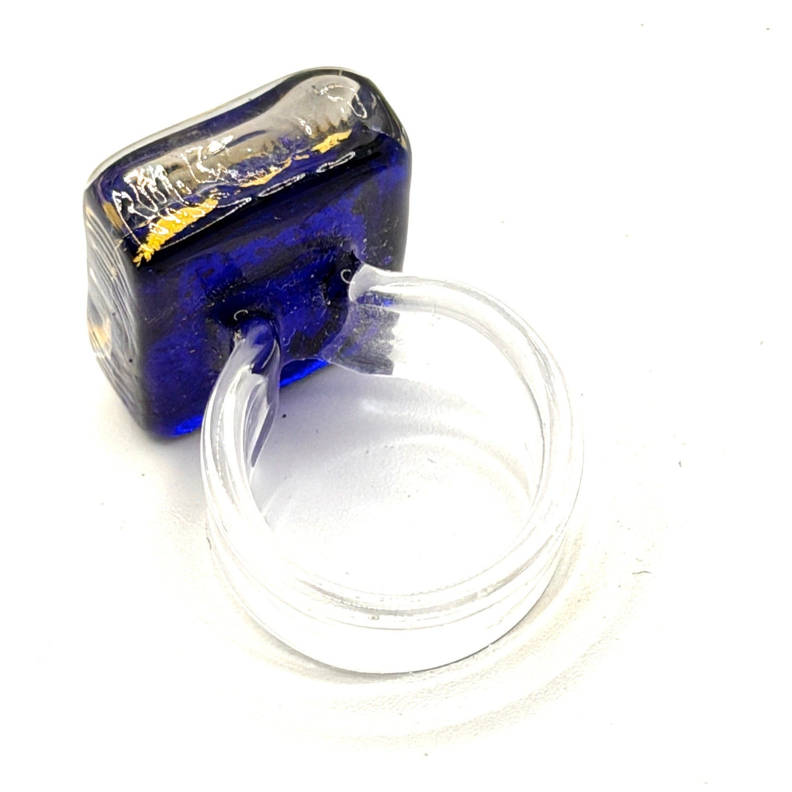 Vintage 90s Handblown Cobalt Blue Gold Foil Abstract Glass Modernist Ring
