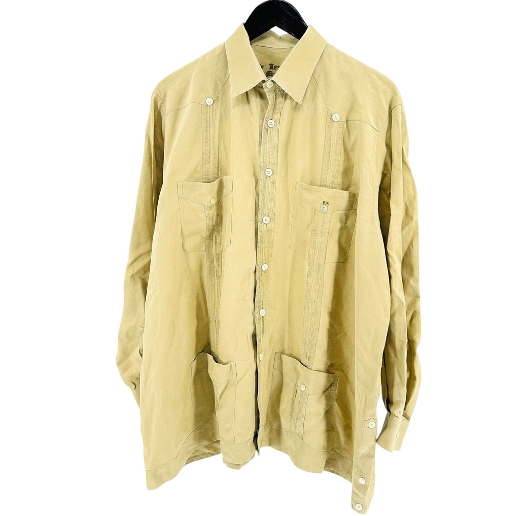 Vintage 70s Cafe Versailles Miami Tan Cotton Linen Long Sleeve Guayabera