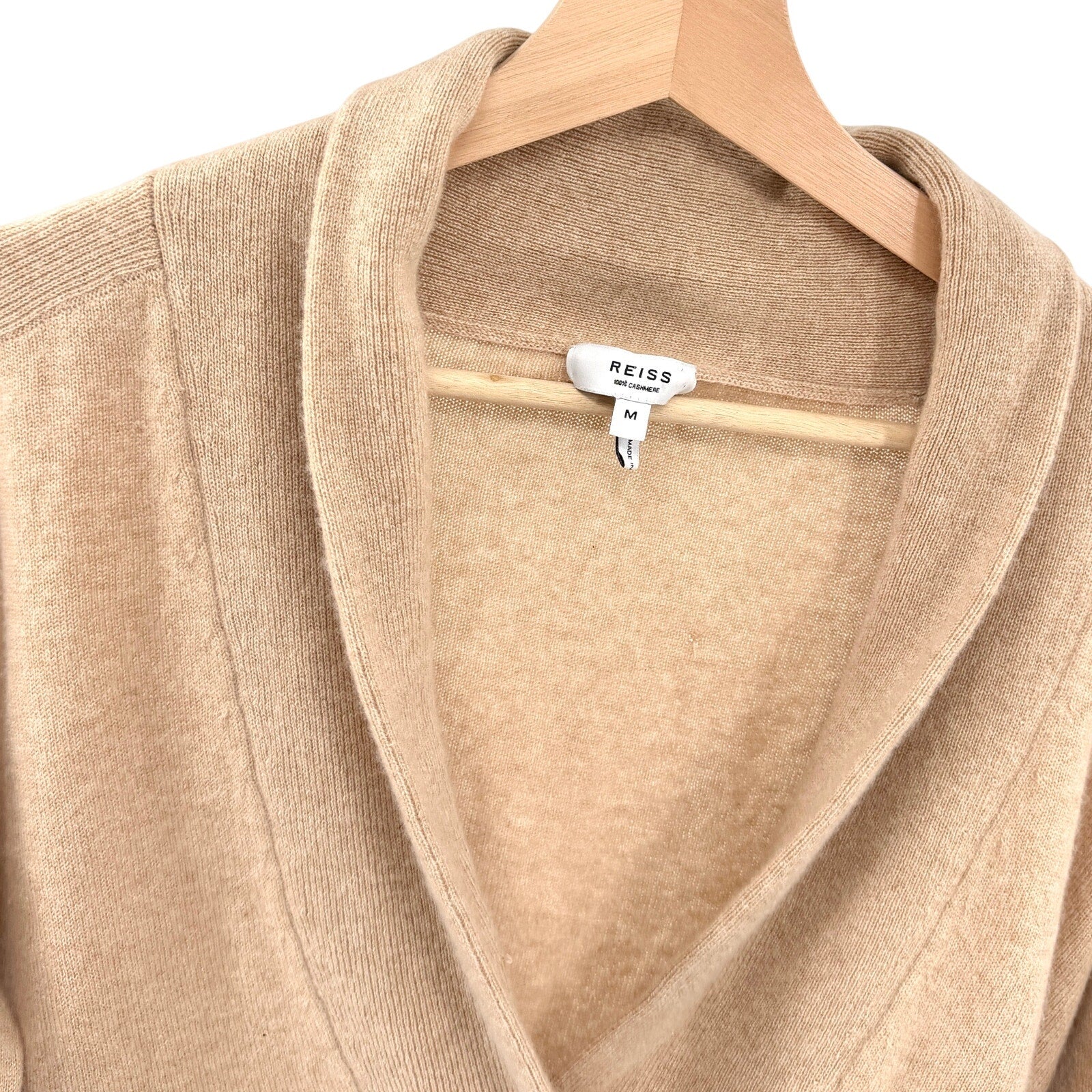 Reiss Camel Cashmere Minimalist Shawl Collar Sweater V-Neck Top