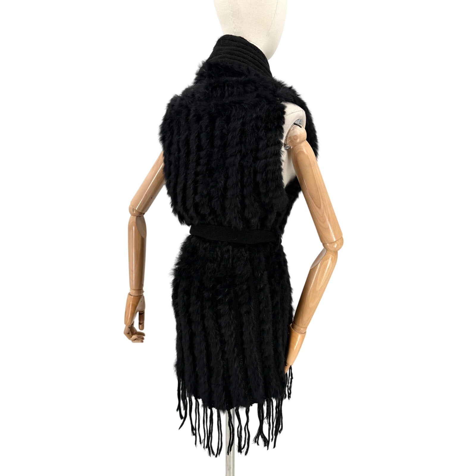 Vintage Y2K Fantazia Black Genuine Rabbit Fur Boho Fringe Self Tie Sweater Vest