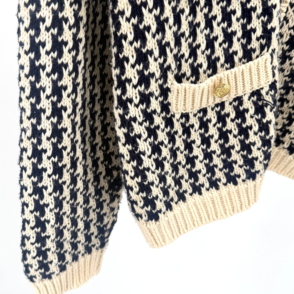 Vintage 90s Susan Bristol Navy Cream Houndstooth Gold Button Cardigan