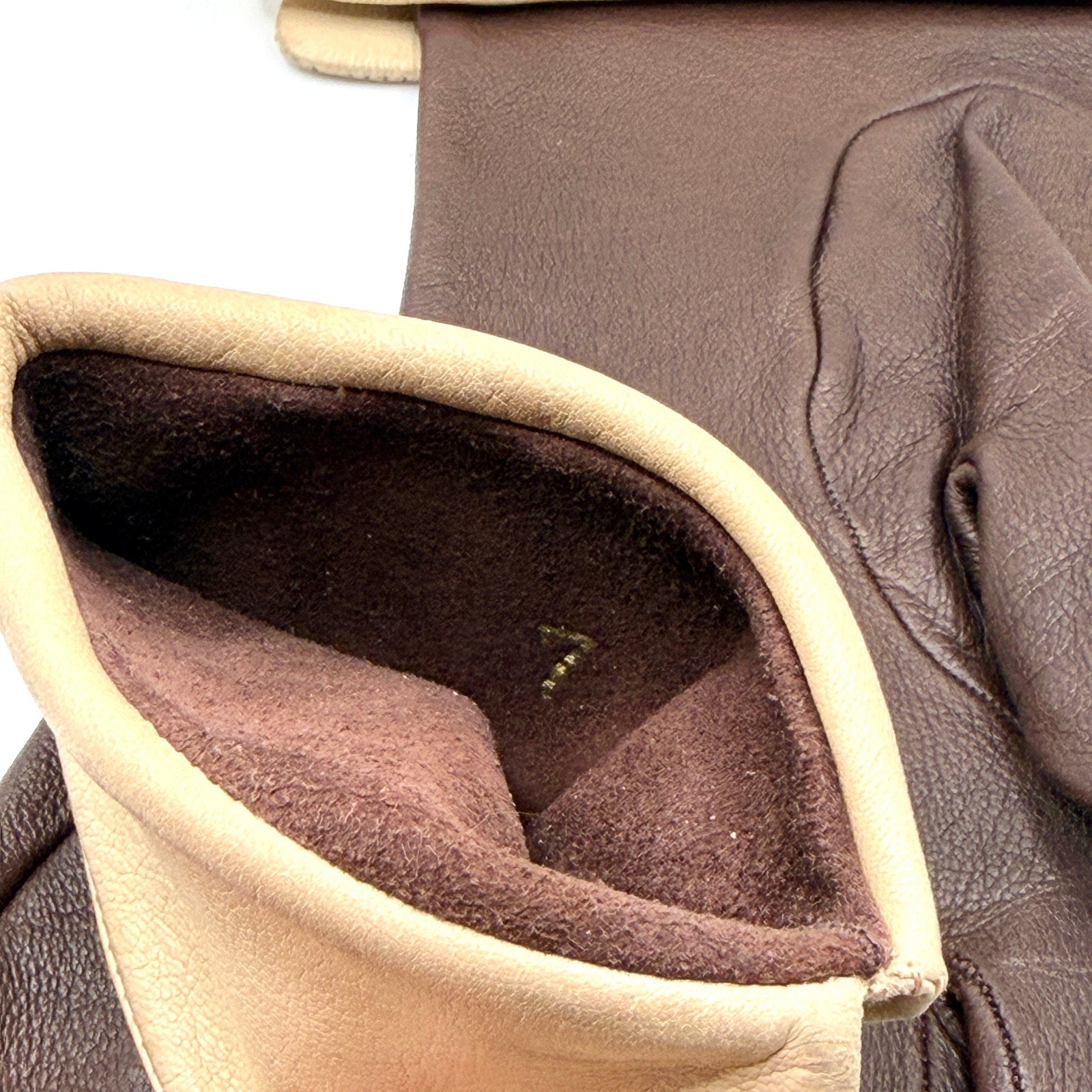 Vintage 70s Brown Genuine Leather Beige Cuff Trim Gloves