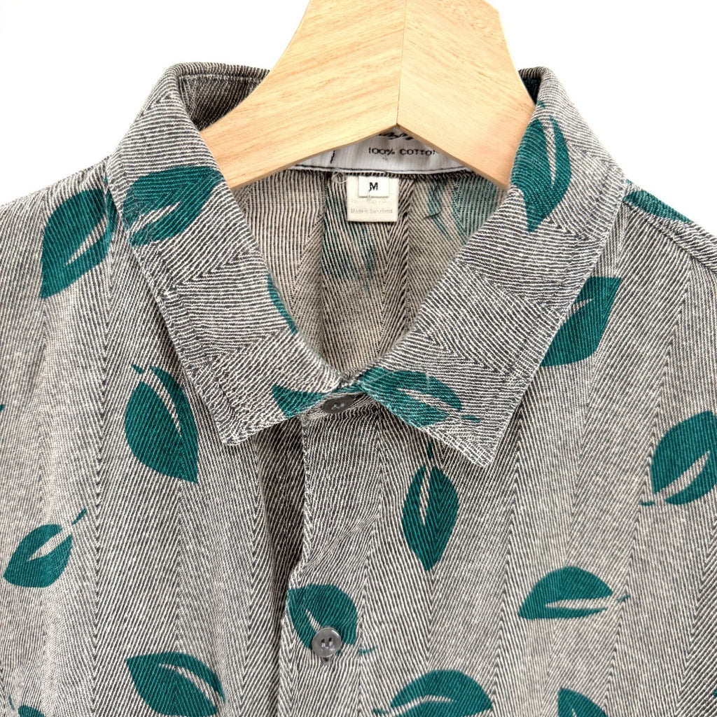 Vintage 80s Mazzoni Grey 100% Cotton Leaf Print Herringbone Shirt