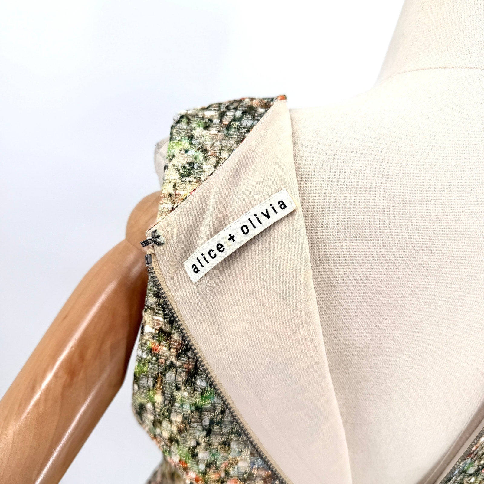 Alice + Olivia Gold Green Brocade Cutout Skater Mini Dress