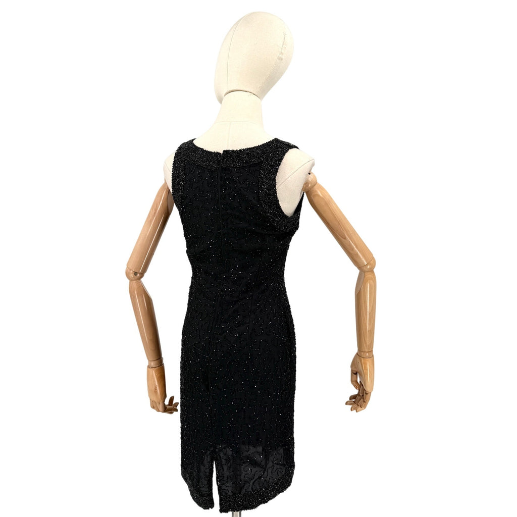 Vintage 90s Laurence Kazar Black 100% Silk Fully Beaded Cocktail Mini Dress