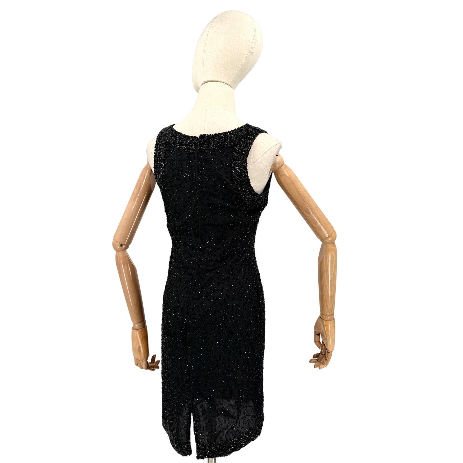 Vintage 90s Laurence Kazar Black 100% Silk Fully Beaded Cocktail Mini Dress