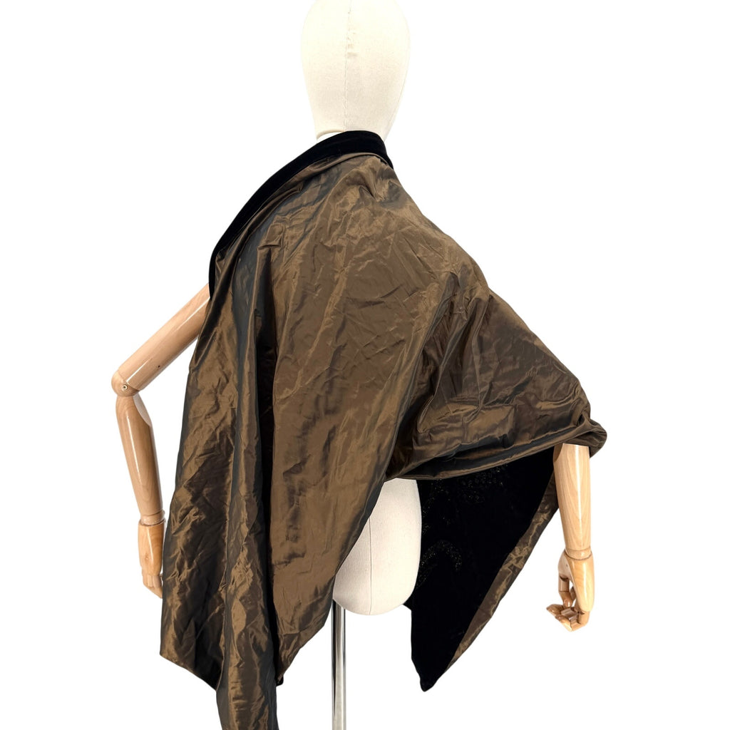 Vintage 90s Black Velvet Bronze Iridescent Wrap Glitter Formal Shawl Wrap