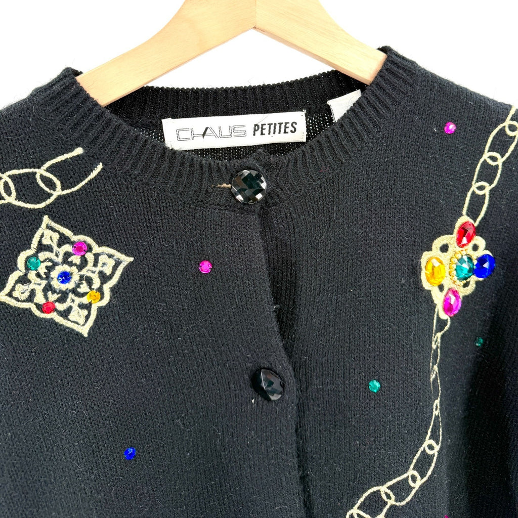Vintage 90s Chaus Petites Black Jeweled Chain Embroidered Cardigan