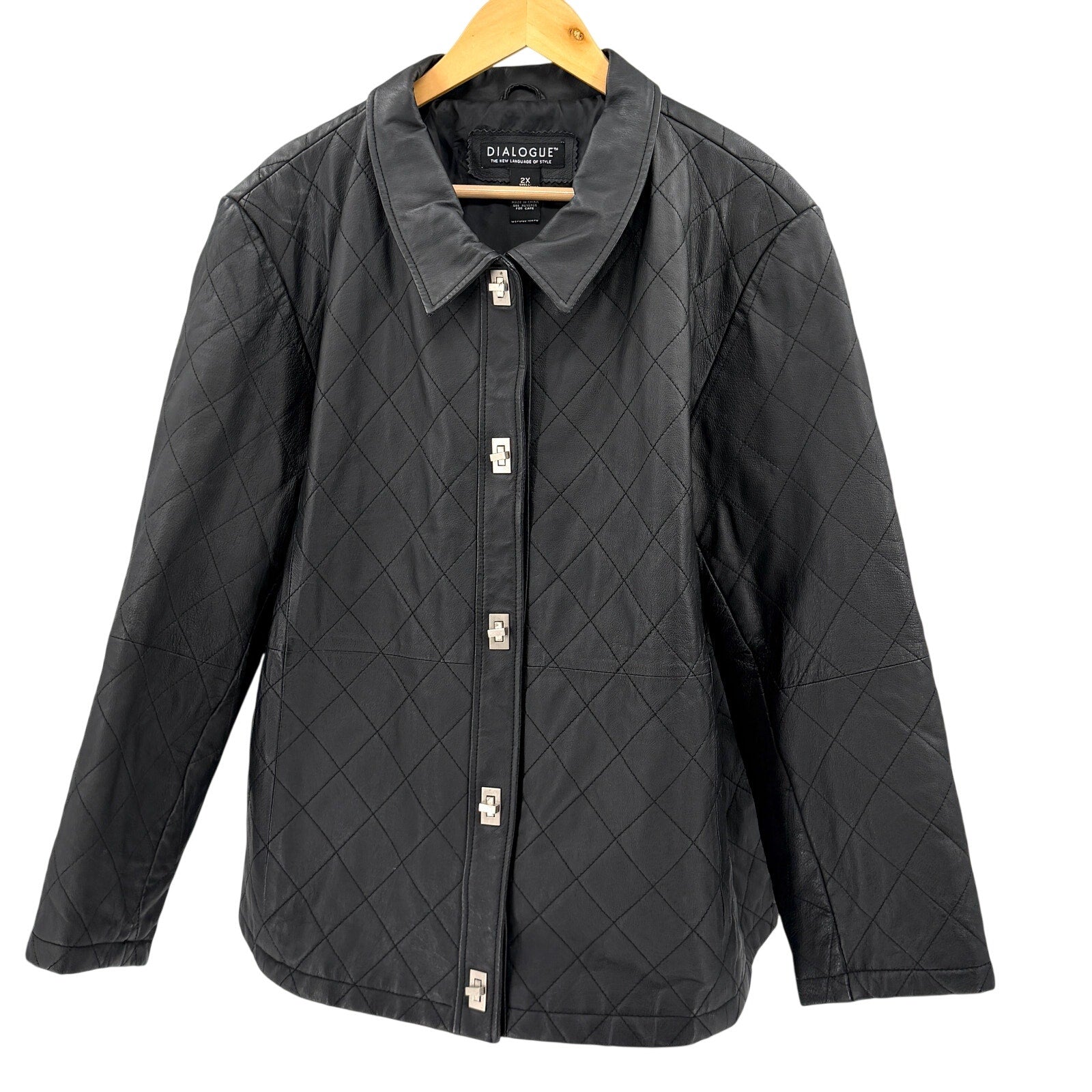 Dialogue Black Genuine Leather Quilted Silver Toggle Button Jacket