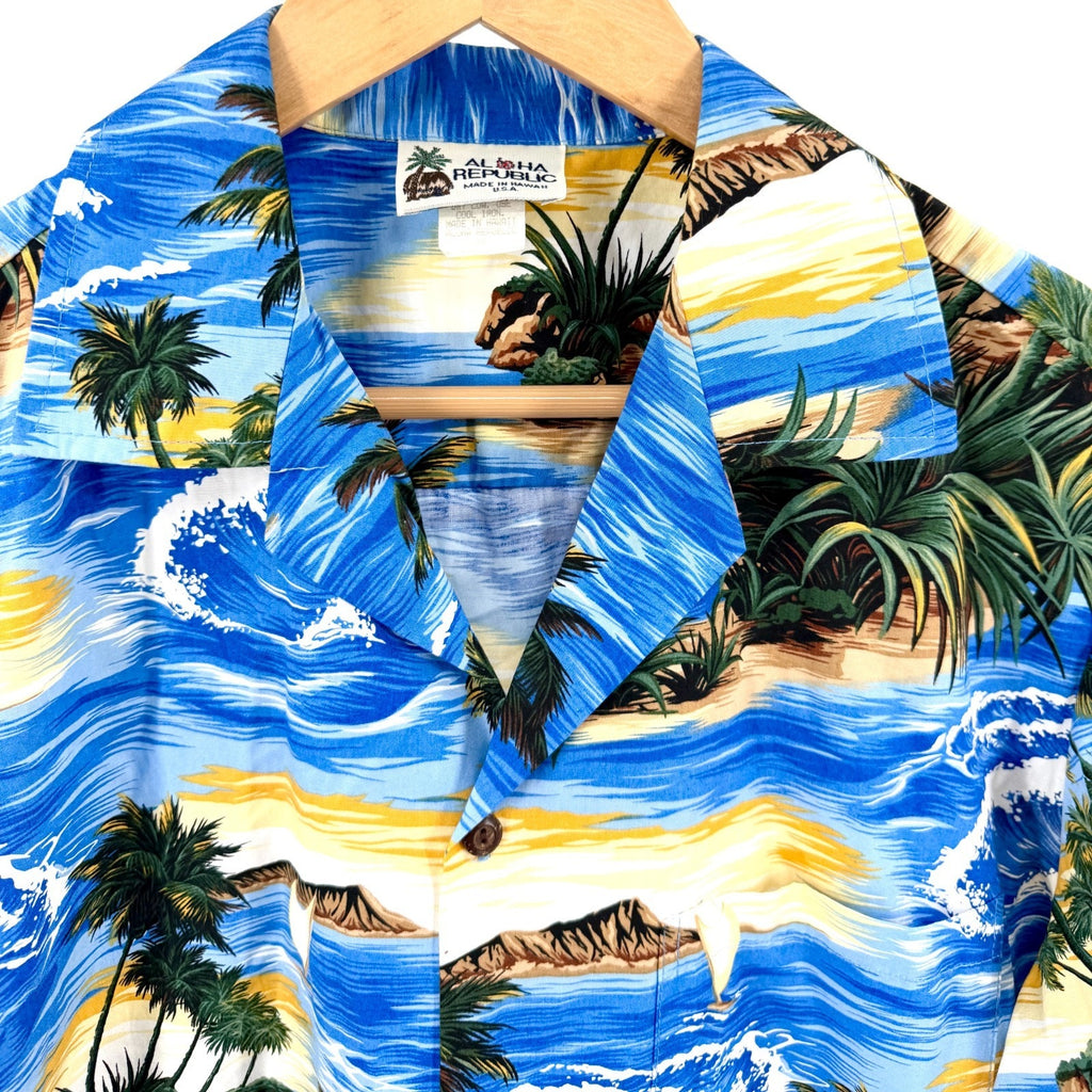 Vintage 90s Aloha Republic Blue 100% Cotton Tropical Hawaiian Shirt