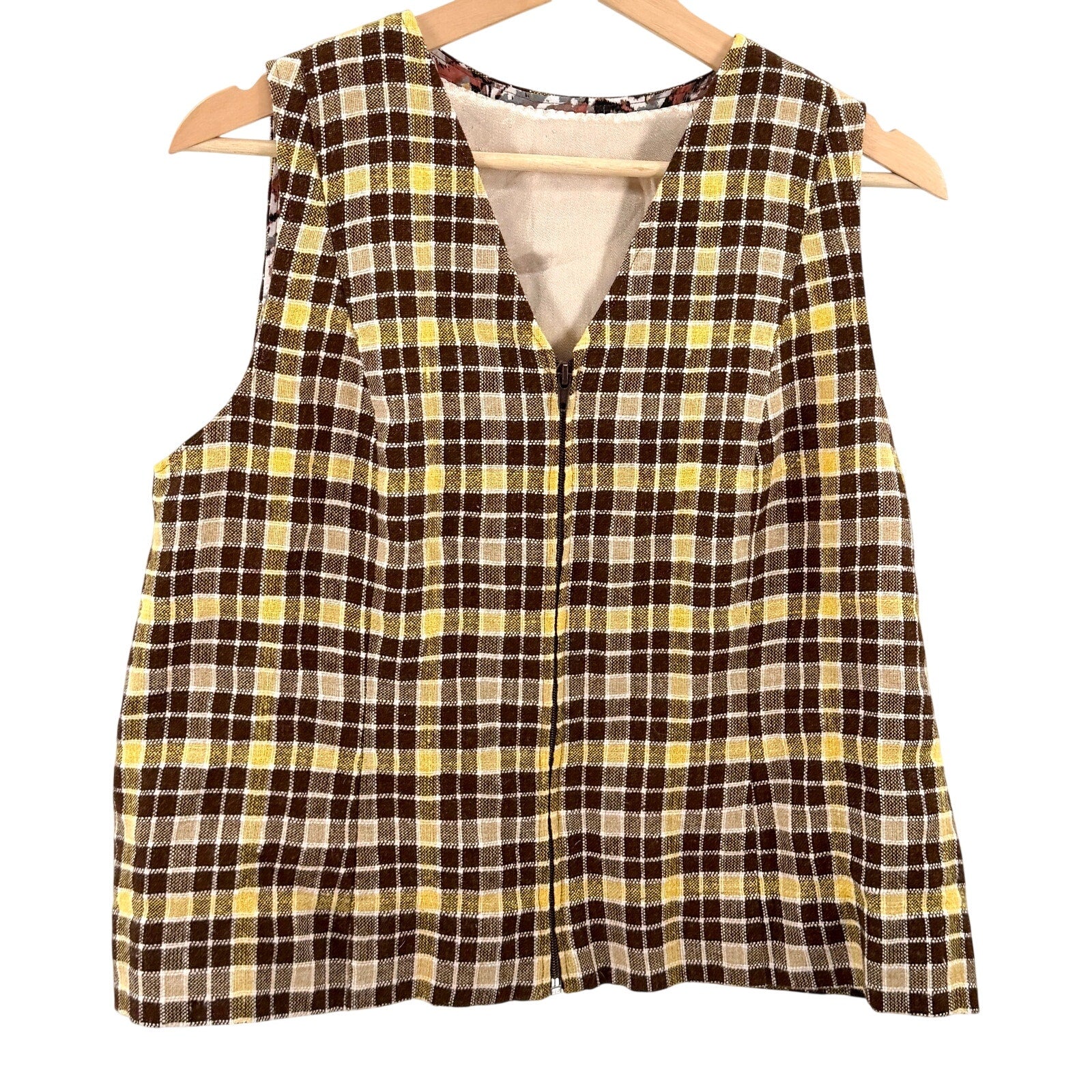 Vintage 90s Handmade Brown Yellow Plaid Zip-Front Vest Blouse