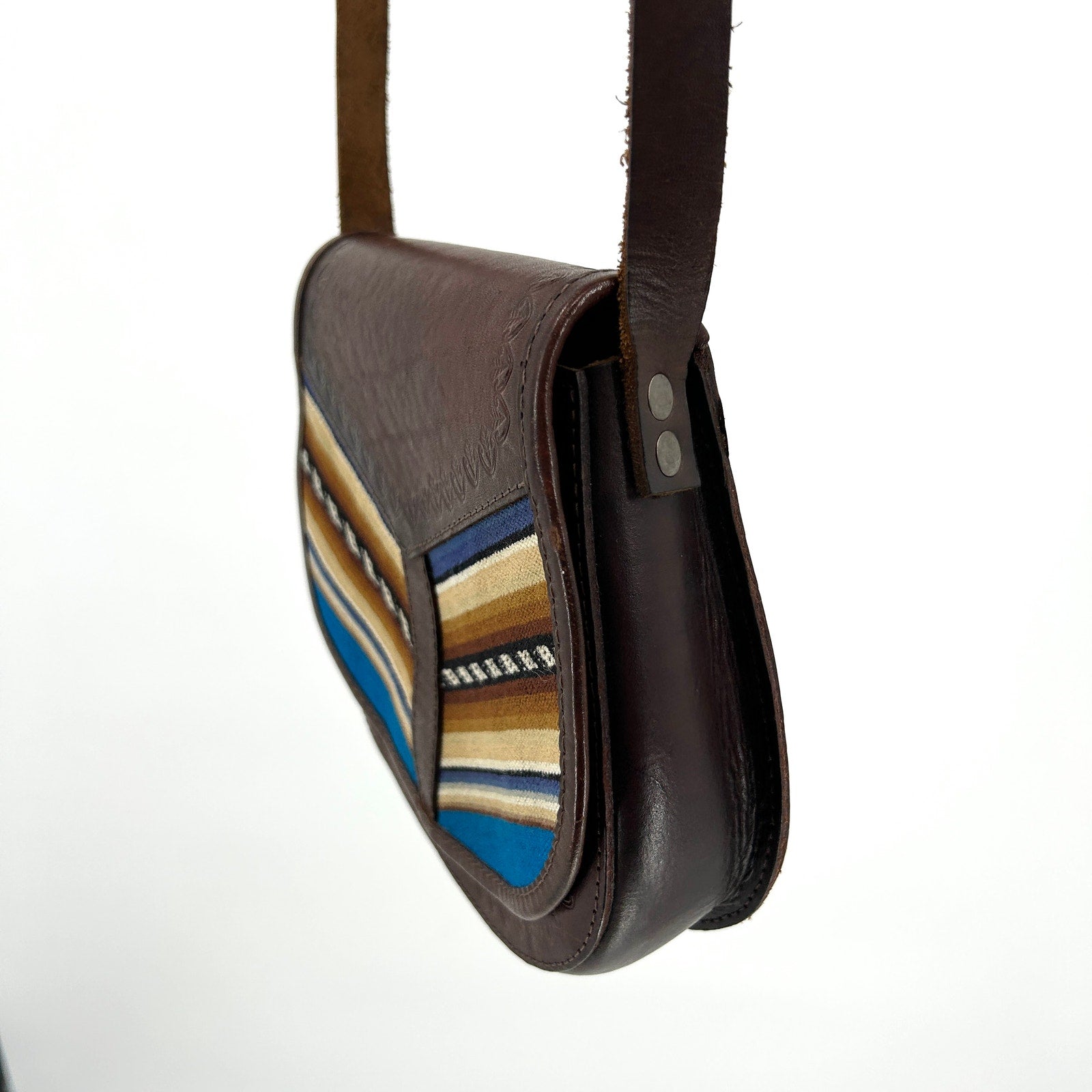 Vintage 90s Hand-Tooled Brown Leather Purse with Blue Fabric Inlay