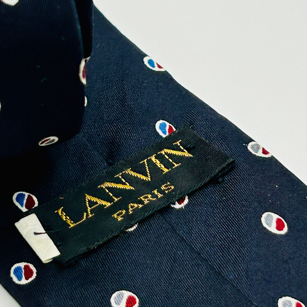Vintage 80s Lanvin Paris Navy Blue Red White Polka Dot Silk Skinny Tie