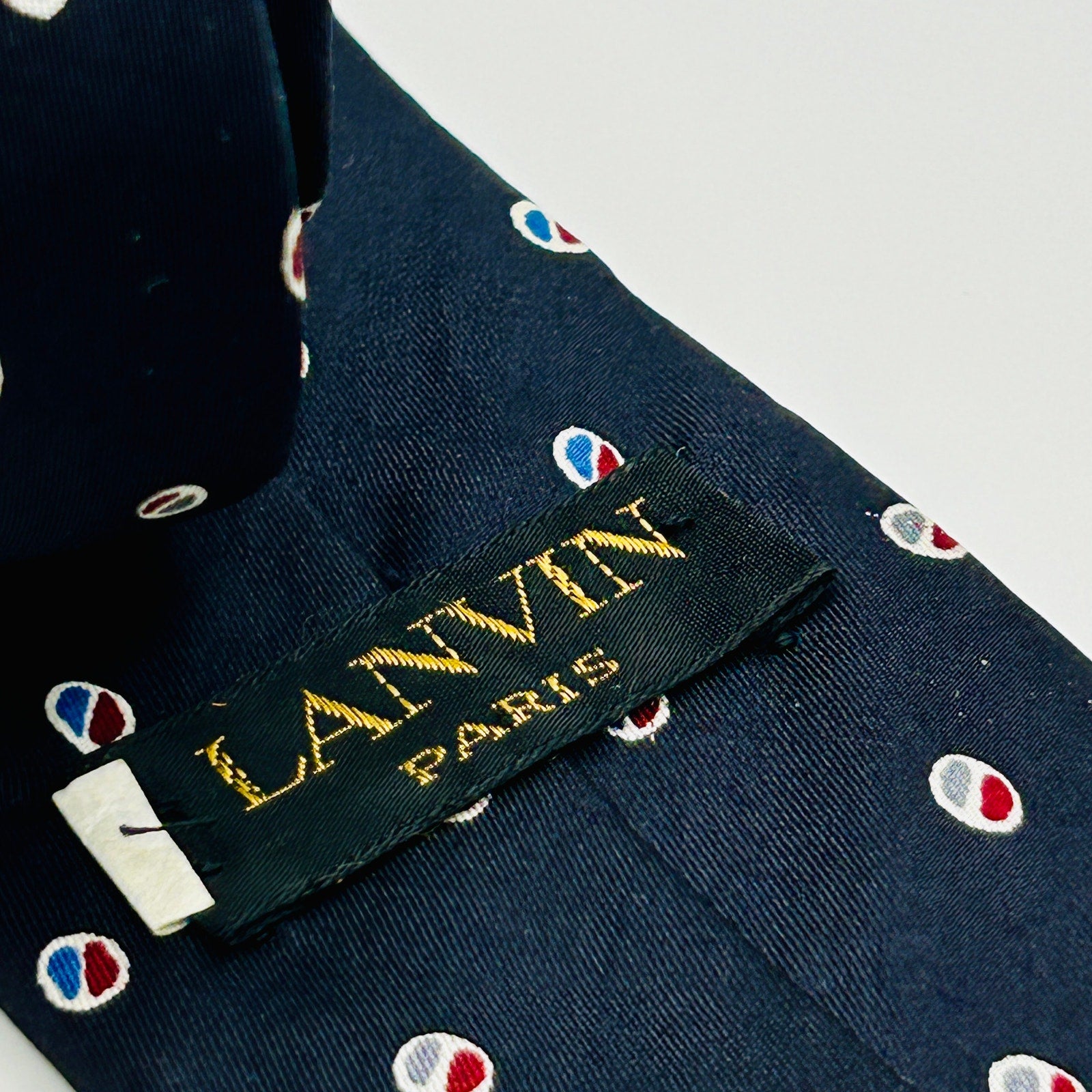 Vintage 80s Lanvin Paris Navy Blue Red White Polka Dot Silk Skinny Tie