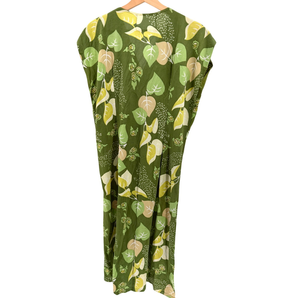 Vintage 70s Handmade Green Funky Leaf Print V-Neck Patio Midi Dress