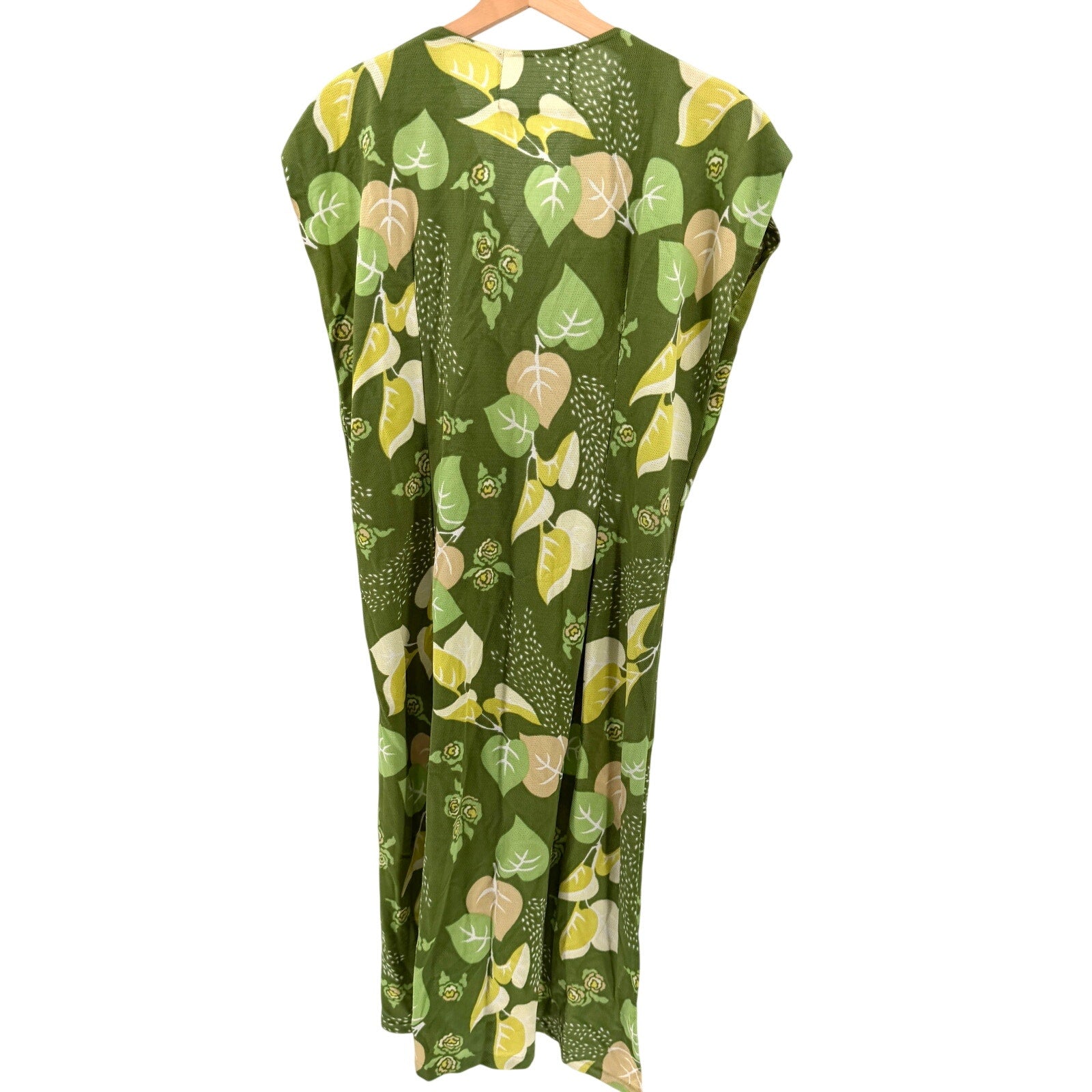 Vintage 70s Handmade Green Funky Leaf Print V-Neck Patio Midi Dress