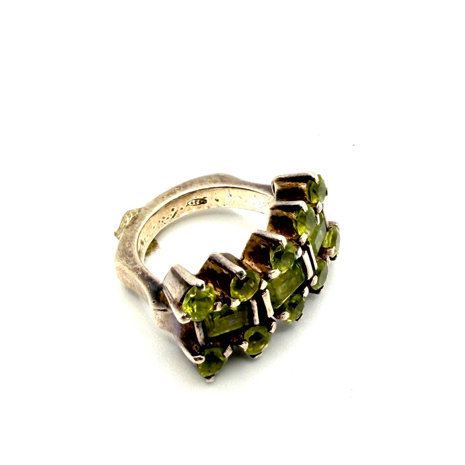 Vintage 90s Sterling Silver Stamped Peridot Triple Row Cluster Statement Ring