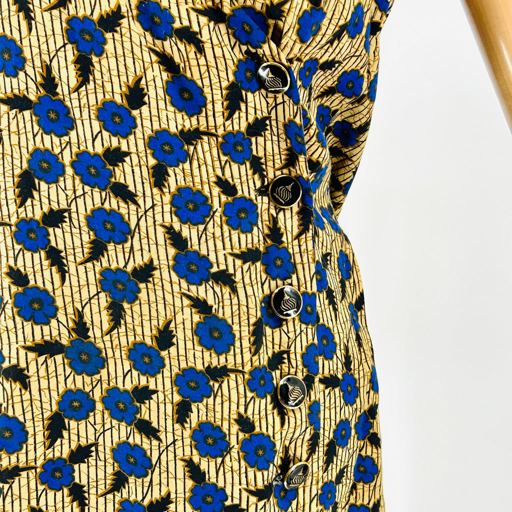 Vintage 90s The Limited Tan Blue Cotton Batik Floral Wrap Button Dress