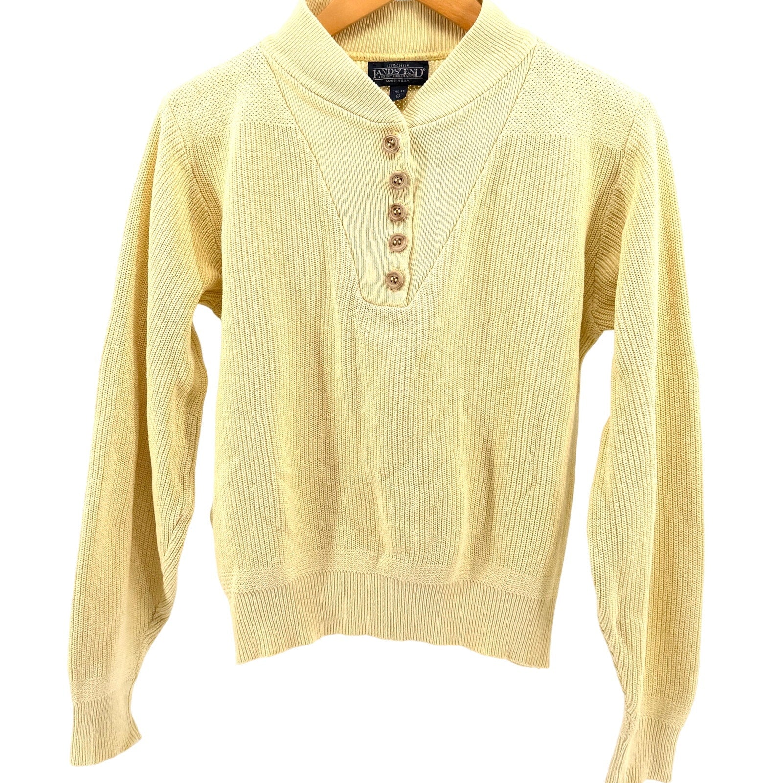 Vintage 90s Lands' End Pastel Yellow 100% Cotton Henley Knit Sweater