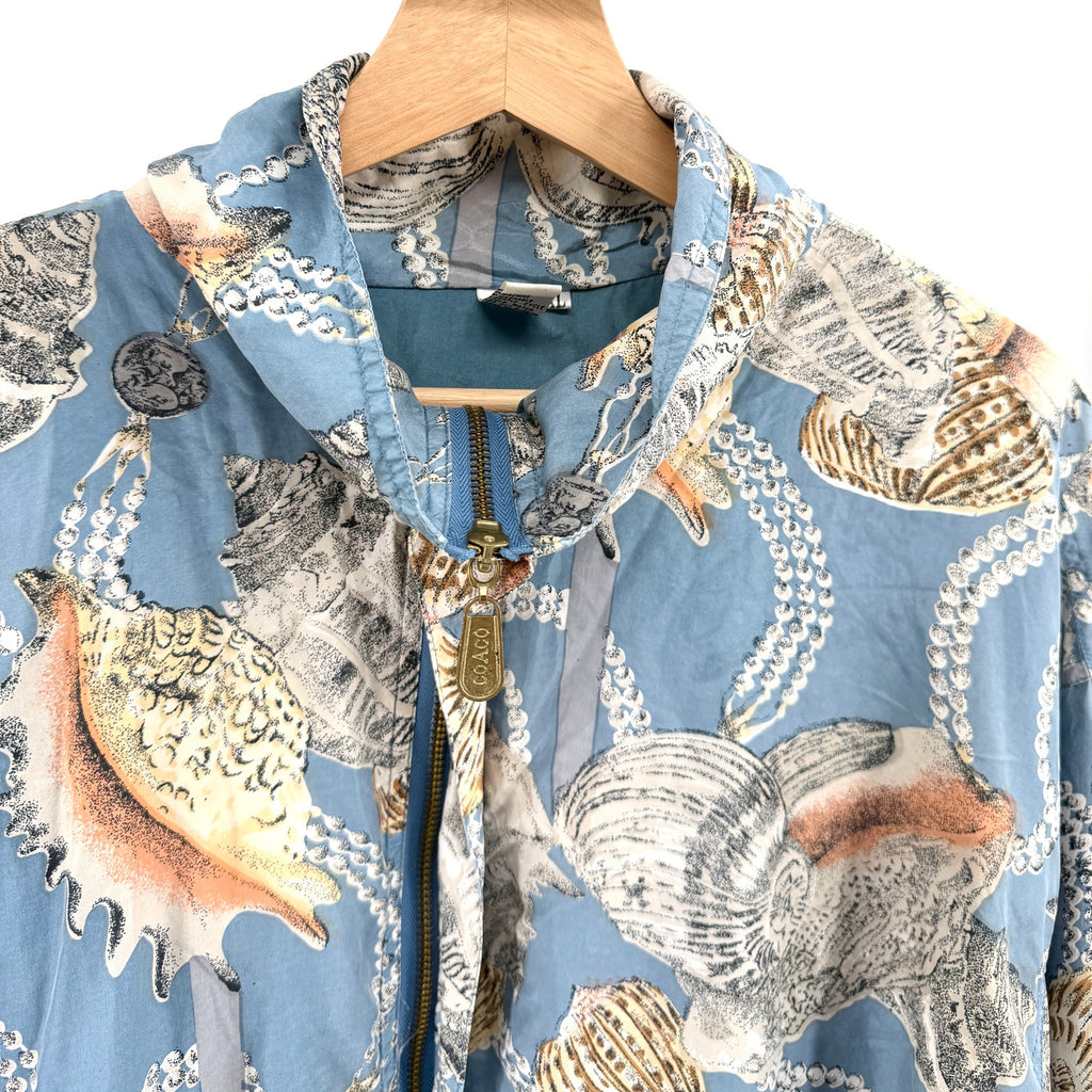 Vintage 90s Coaco Blue Silk Seashell Pearl Print Bomber Jacket