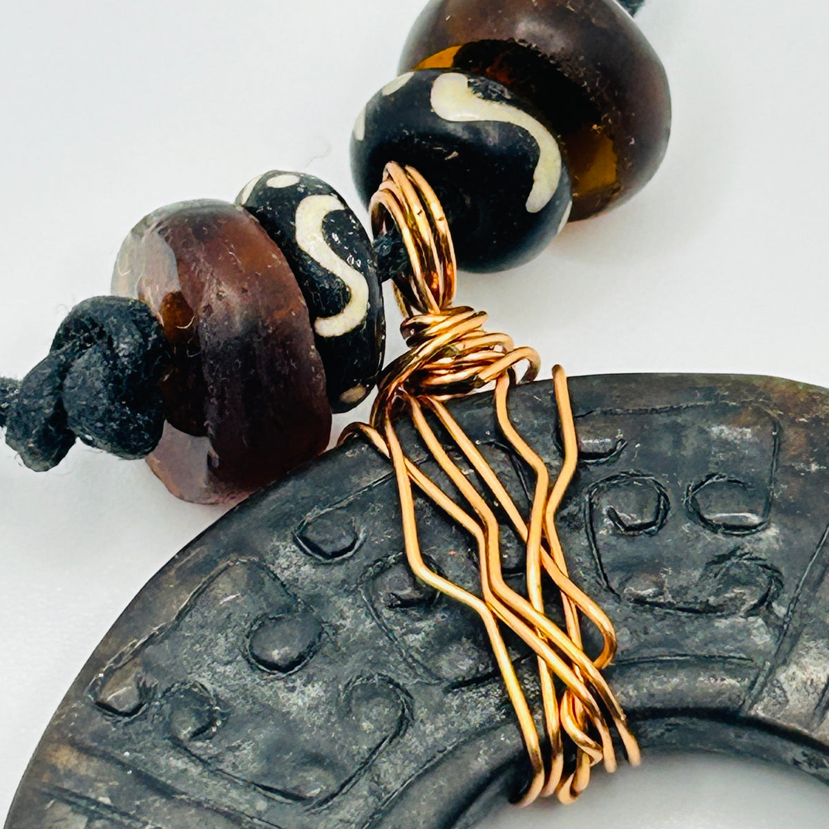 Handmade Copper Wrapped Chinese Stone Pendant Black Cord Necklace