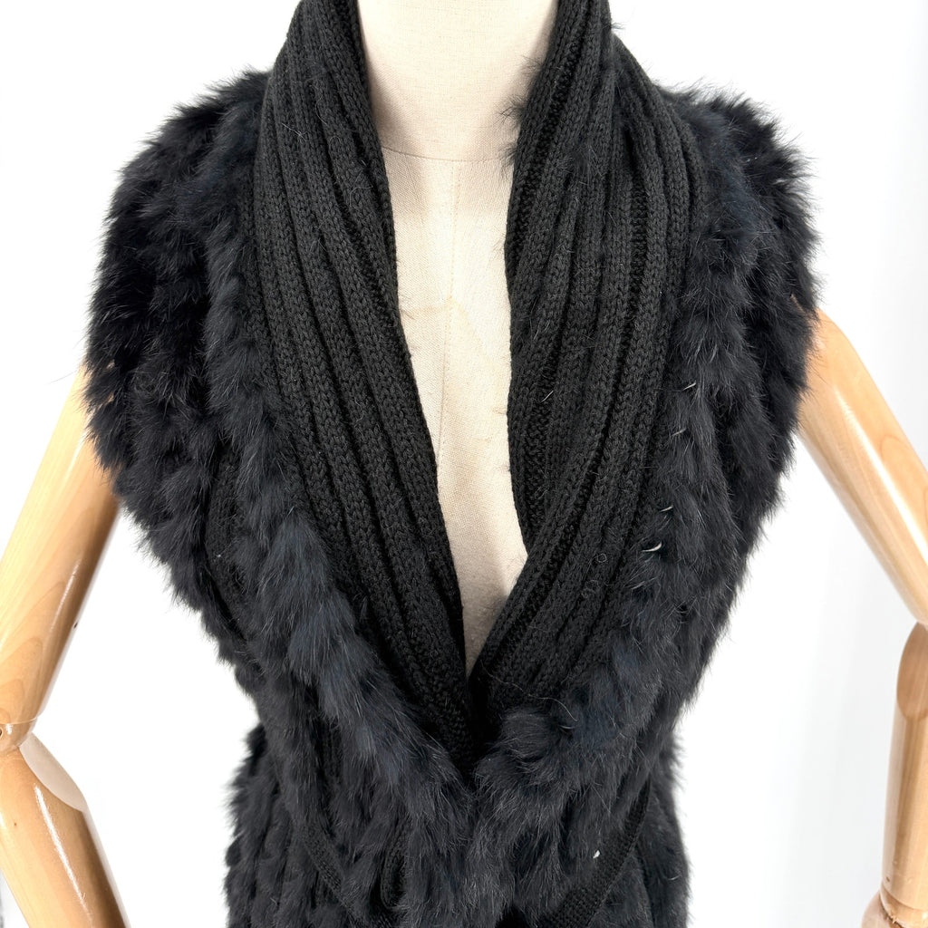 Vintage Y2K Fantazia Black Genuine Rabbit Fur Boho Fringe Self Tie Sweater Vest