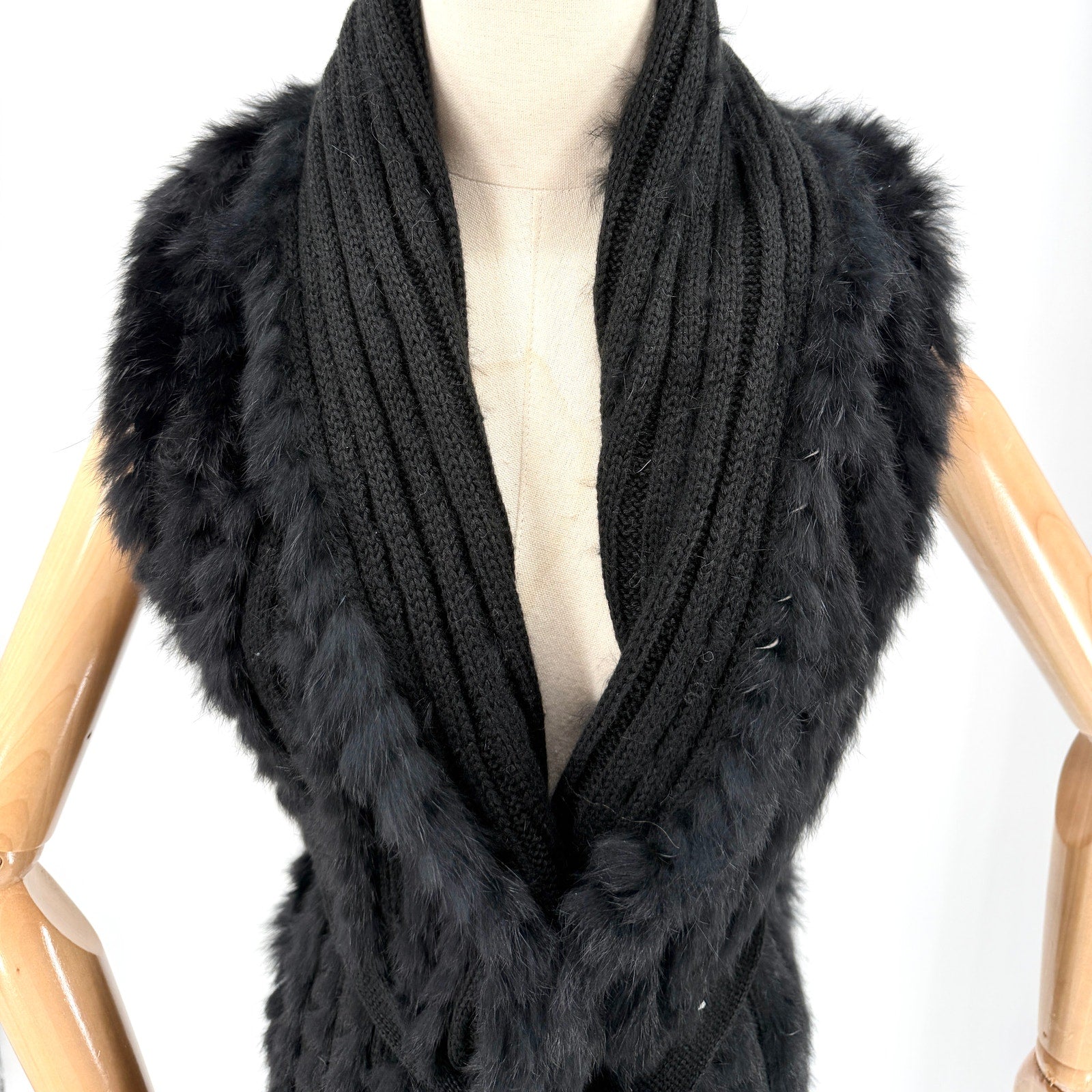 Vintage Y2K Fantazia Black Genuine Rabbit Fur Boho Fringe Self Tie Sweater Vest