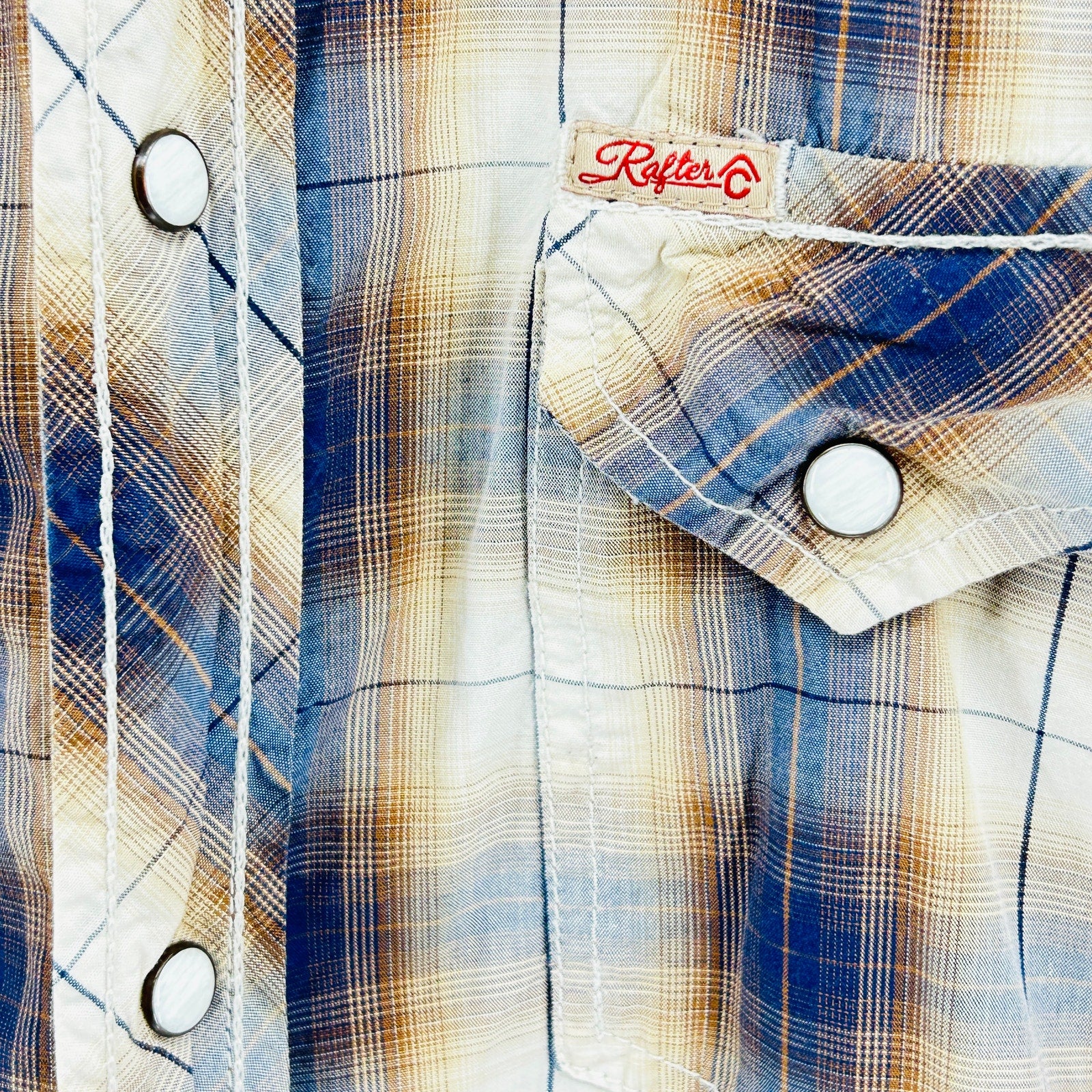 Rafter C Blue Tan Plaid 100% Cotton Western Pearl Snap Shirt