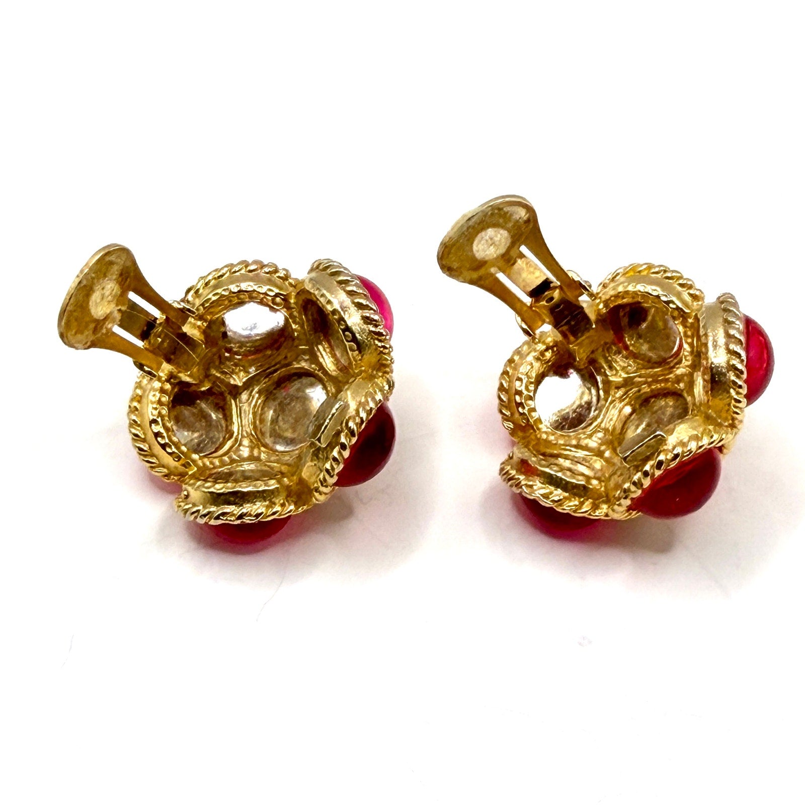 Vintage 80s Pink Red Glass Chunky Rope Border Clip On Cluster Earrings