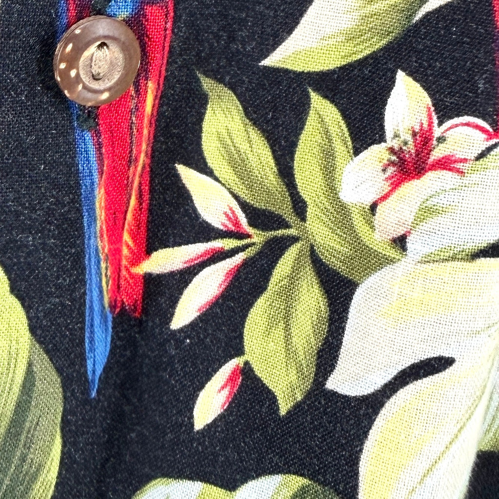 Vintage 80s Made in Hawaii Black 100% Cotton Parrot Hibiscus Hawaiian Shirt