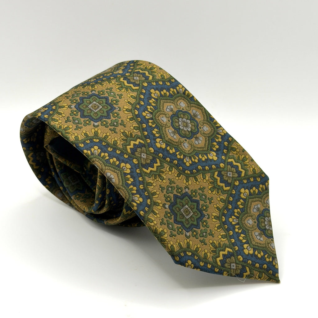Vintage 90s Etro Green Navy Gold 100% Silk Paisley Skinny Luxury Tie