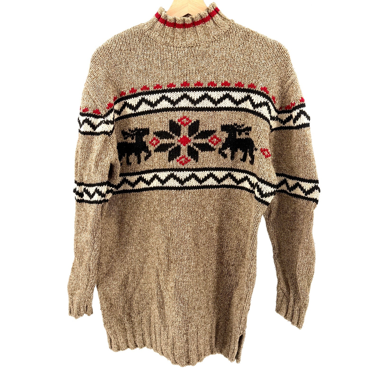 Vintage 90s Eddie Bauer Tan Red Fair Isle Reindeer Silk Blend Sweater