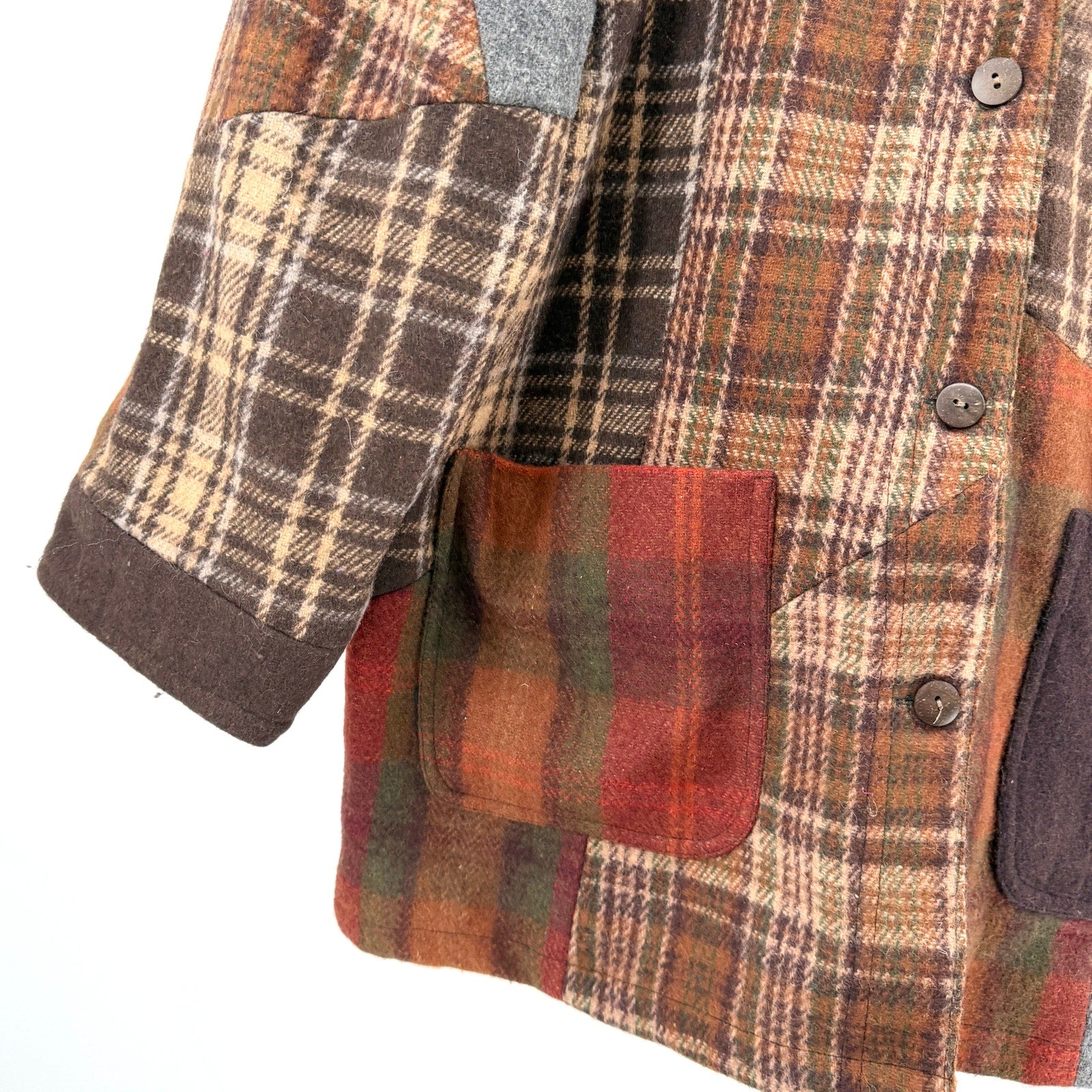 Vintage 90s Sacred Threads Brown Patchwork 100% Wool Plaid Shacket Car Coat