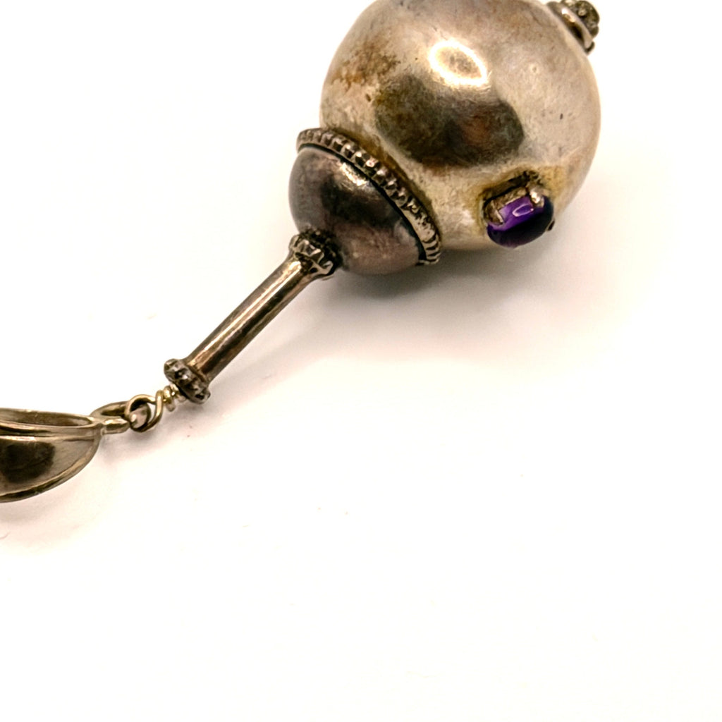 Vintage 90s Sterling Silver Amethyst Sculptural Maraca Pendant