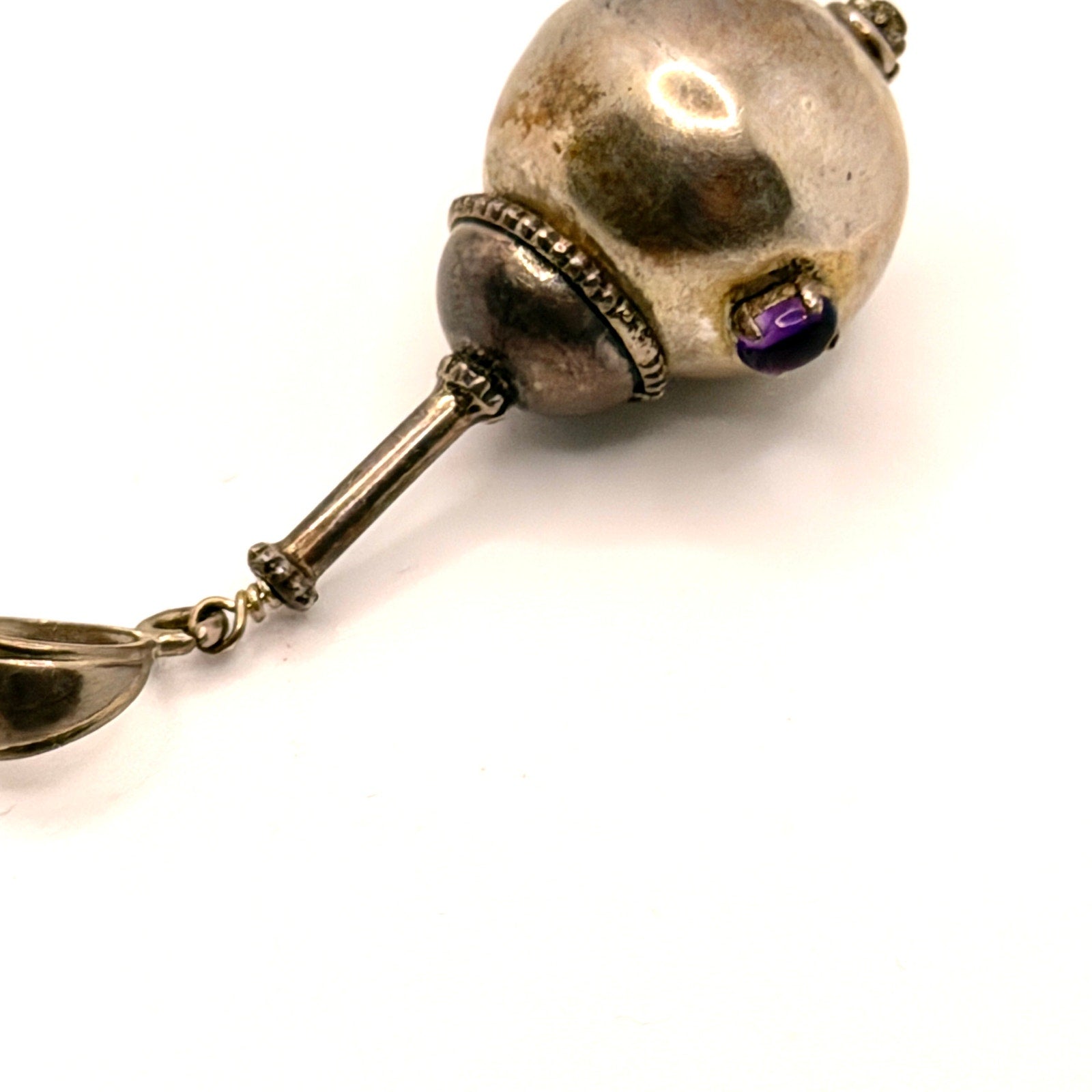 Vintage 90s Sterling Silver Amethyst Sculptural Maraca Pendant