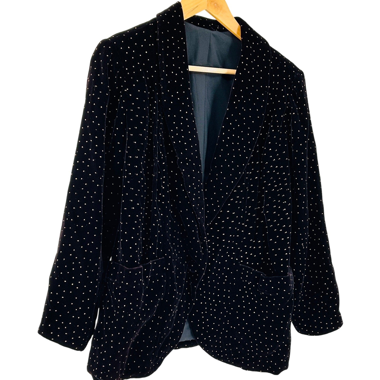 Vintage 80s Black Velvet Gold Metallic Dot Formal Tuxedo Blazer Jacket