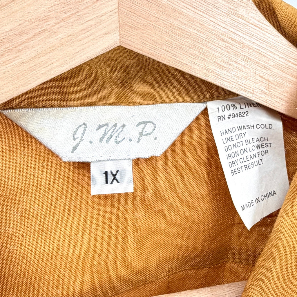 Vintage Y2K J.M.P. Ochre Yellow Linen Keyhole Guayabera Blouse