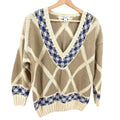 Vintage 90s Cambridge Dry Goods Beige Blue Geometric Diamond Knit V-Neck Sweater