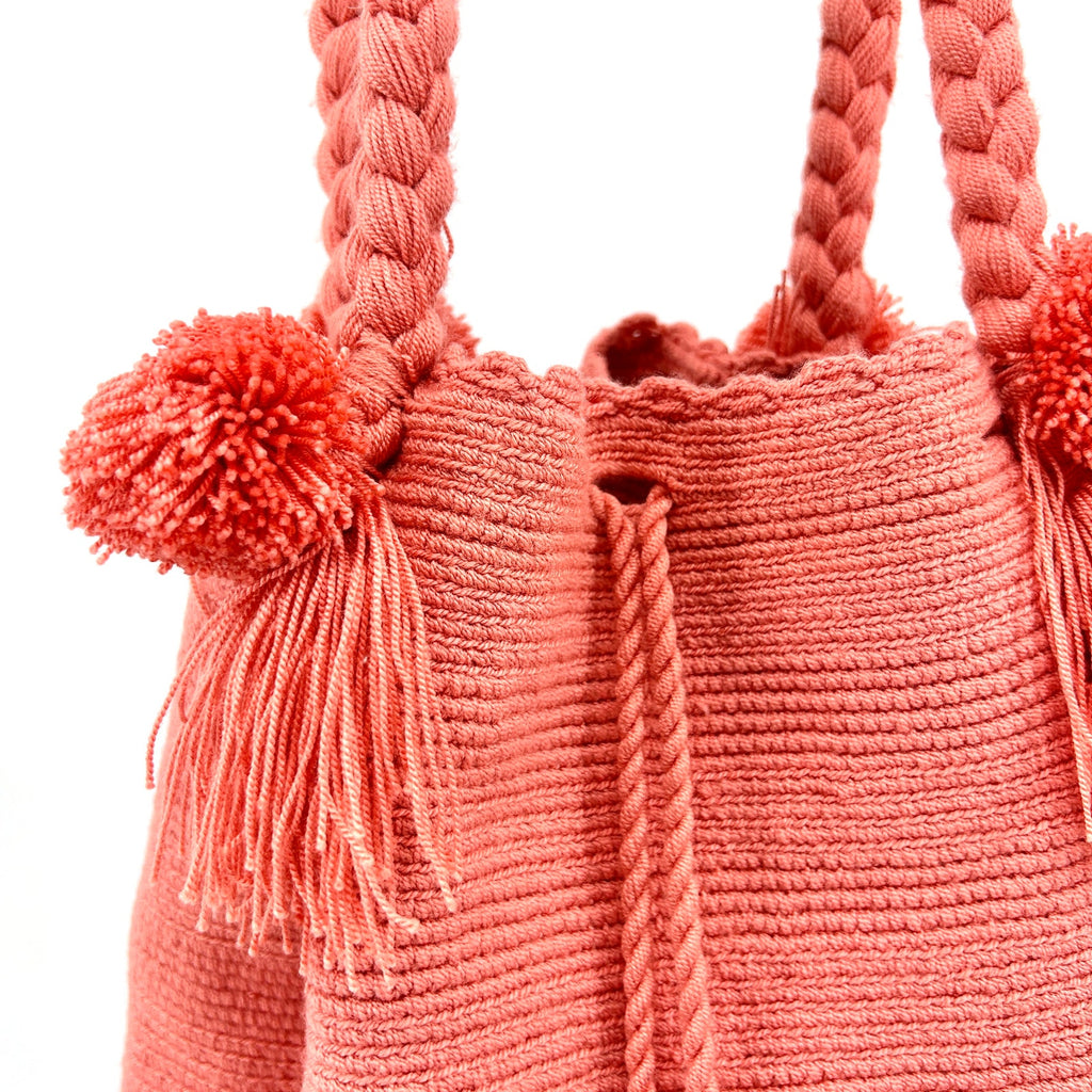 Handwoven Coral Pink Colombian Mochila Pom Pom Tassel Bucket Bag