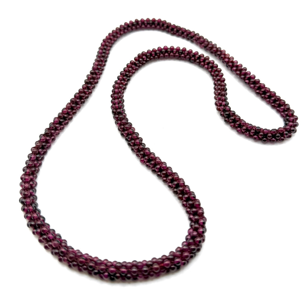 Vintage 80s Deep Wine Red Garnet Woven Bead Rope Boho Infinity Necklace