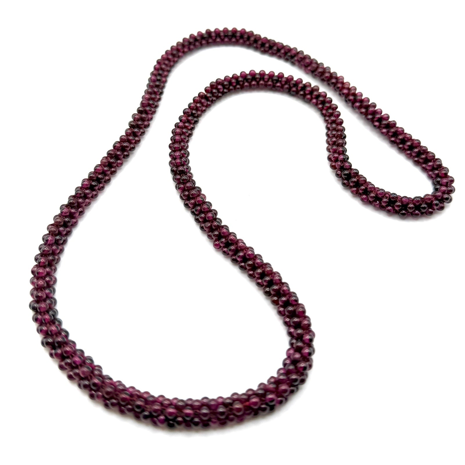 Vintage 80s Deep Wine Red Garnet Woven Bead Rope Boho Infinity Necklace