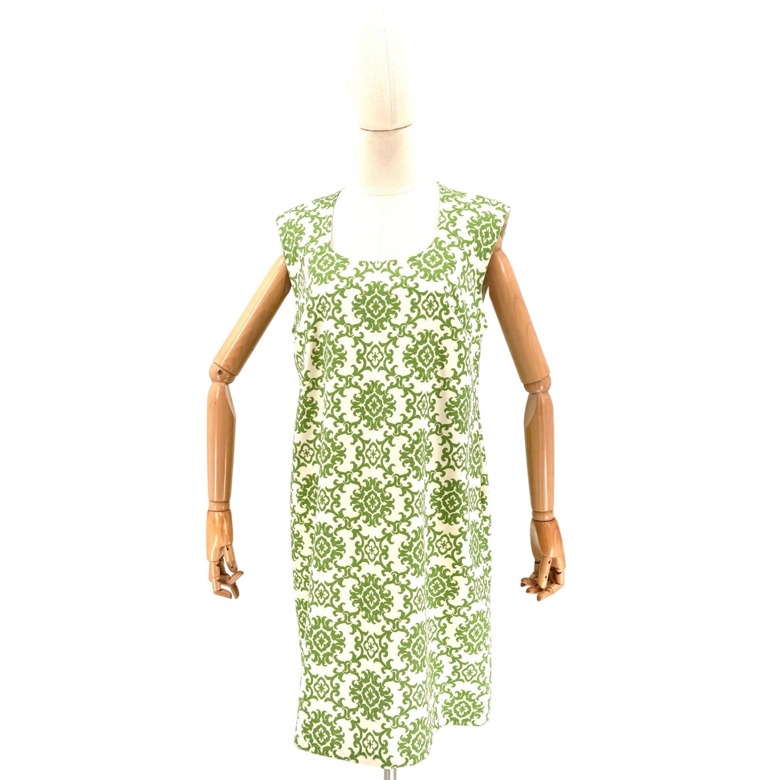 Vintage 70s Handmade Green White Damask 100% Cotton Shift Dress