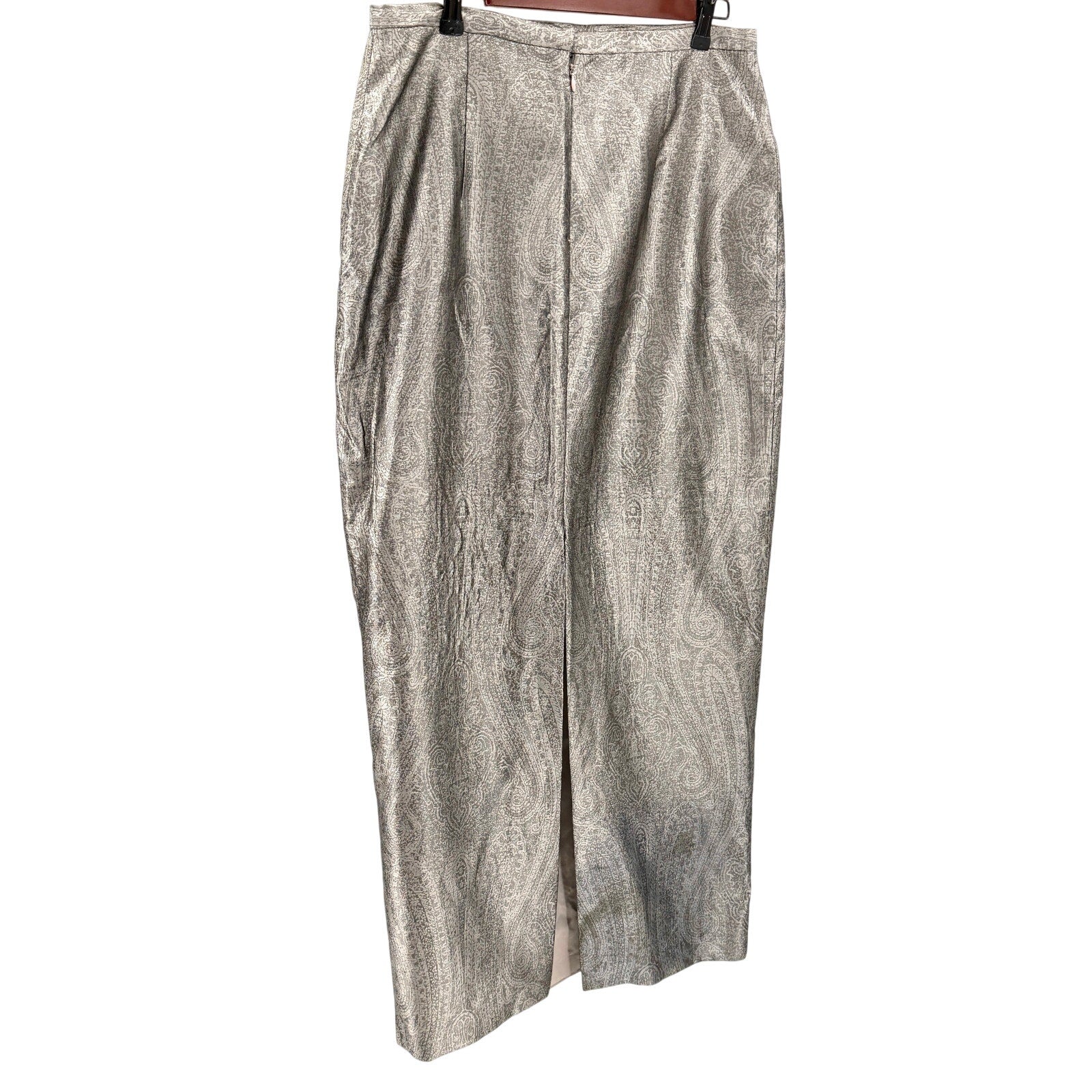 Vintage 90s Kay Unger Silver 100% Silk Paisley Back Slit Maxi Pencil Skirt