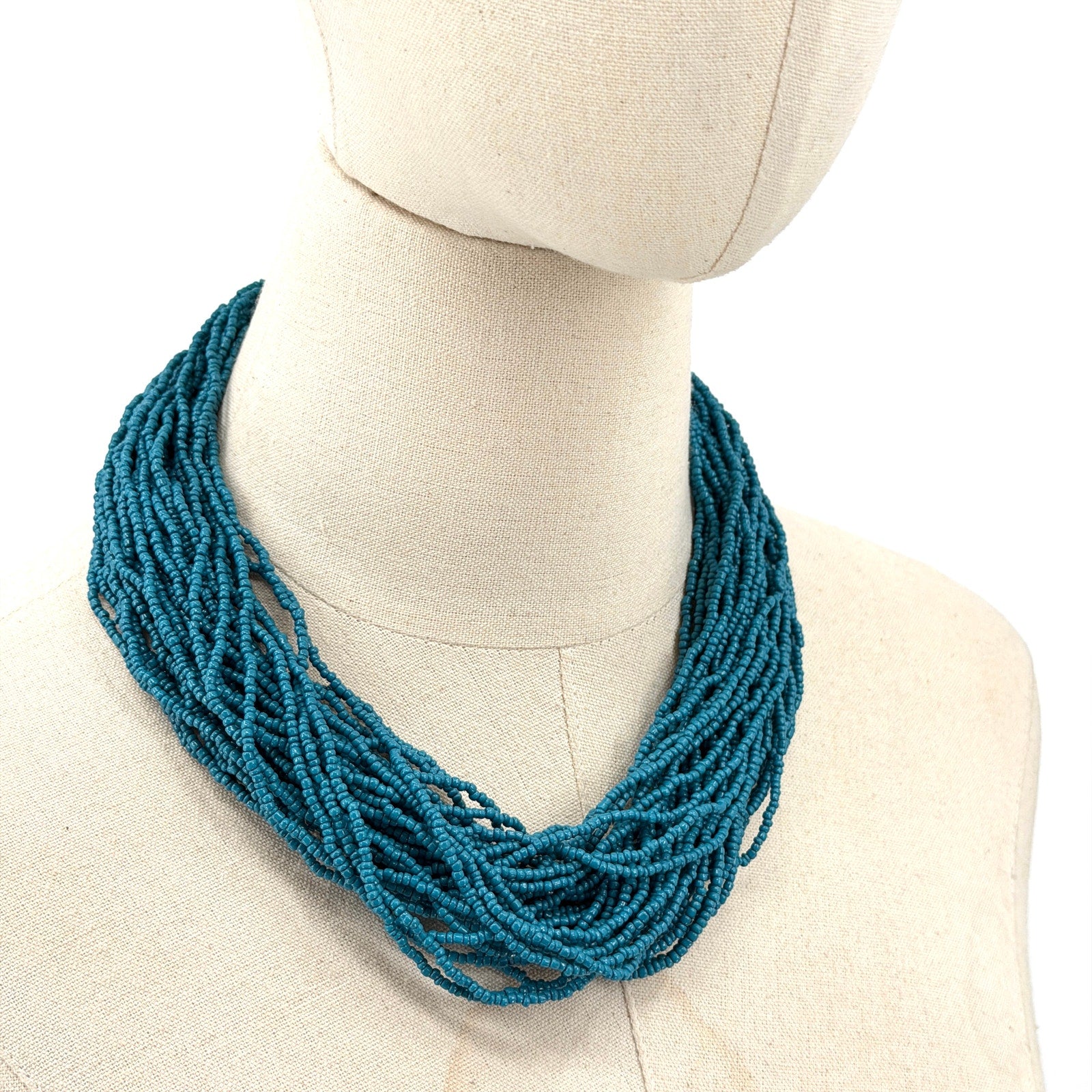 Vintage 90s Blue Ceramic Seed Bead Afrobohemian Multi Strand Necklace